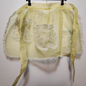 Vintage Pastel Yellow, Sheer Organza Half-Apron, Floral Pockets